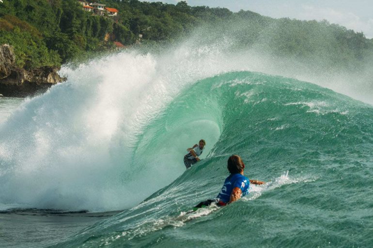 Rip Curl team rider Timothee Bisso (GLP) in the belly of the beast at the 2016 Rip Curl Cup Padang Padang. Credit: © WSL / Lawrence