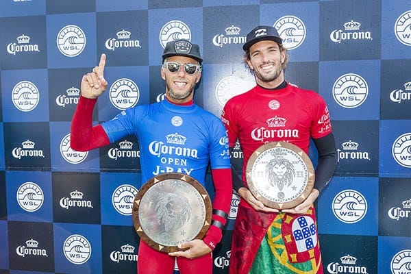 Filipe Toledo (BRA) and Frederico Morais (PRT), the winner and runner-up of the Corona Open J-Bay. Credit: © WSL / Cestari