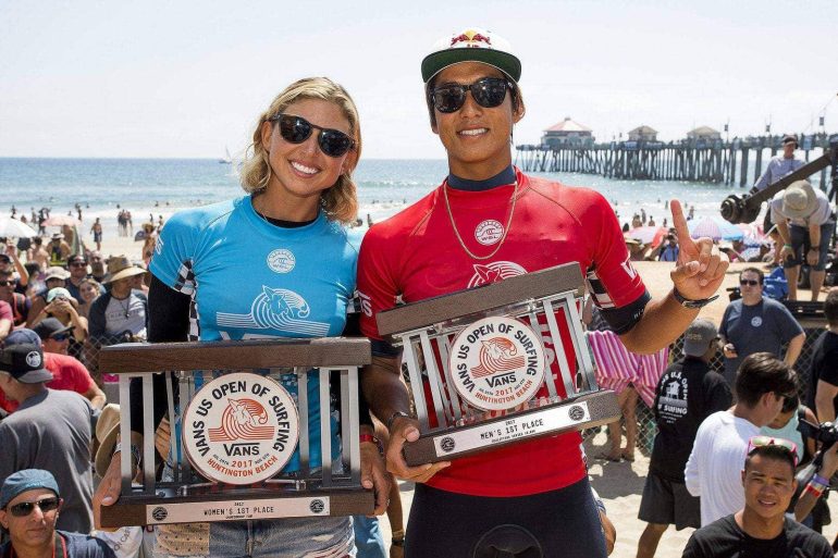 Californians Kanoa Igarashi (USA) and Sage Erickson (USA) celebrate their wins at the Vans US Open of Surfing. Credit: © WSL / Morris