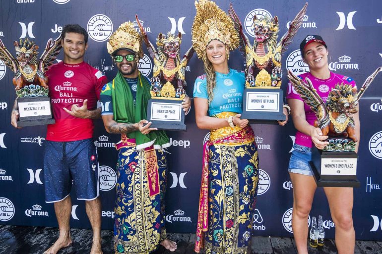 The Final Day Corona Bali Protected presented by Hurley podium presentation. Finalists from left-to-right: Michel Bourez (PYF), Italo Ferreira (BRA), Lakey Peterson (USA), Tyler Wright (AUS). Credit: © WSL / Cestari
