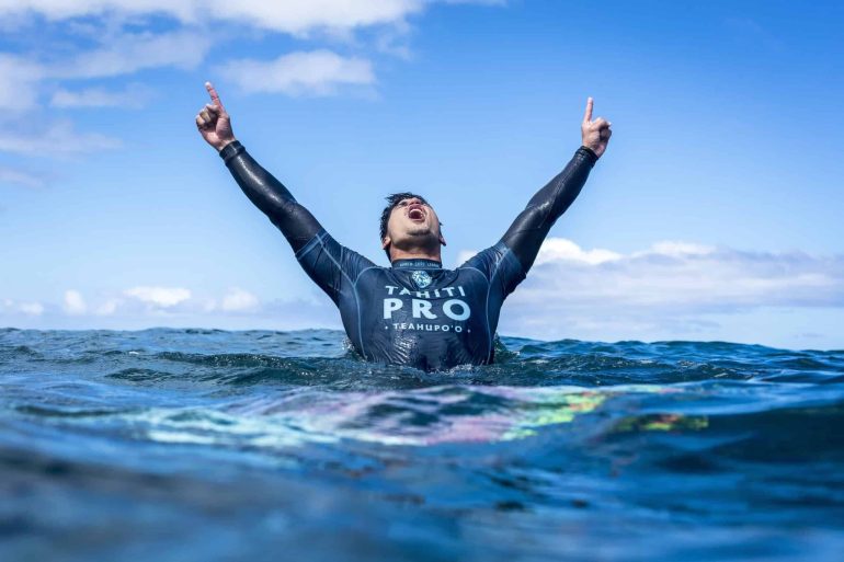 Caption: 2014 WSL Champion Gabriel Medina (BRA) celebrates his win at the Tahiti Pro Teahupo'o. Credit: © WSL / Poullenot