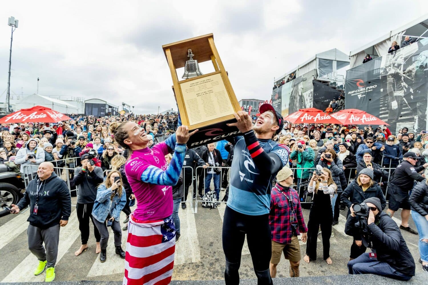 Two-time world champion John John Florence of Hawaii and Courtney Conlogue of the USA win the 2019 Rip Curl Pro Bells Beach after winning the final at Bells Beach on April 27, 2019 in Victoria, Australia.