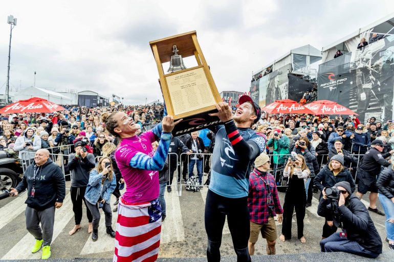 Two-time world champion John John Florence of Hawaii and Courtney Conlogue of the USA win the 2019 Rip Curl Pro Bells Beach after winning the final at Bells Beach on April 27, 2019 in Victoria, Australia.