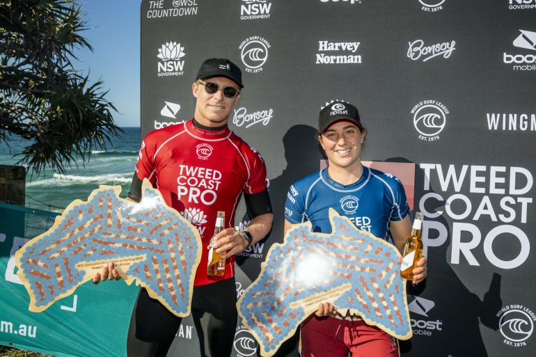 Both Tyler Wright and Ethan Ewing destined for victory, dominating the final day in two-to-three foot waves at beautiful Cabarita Headland